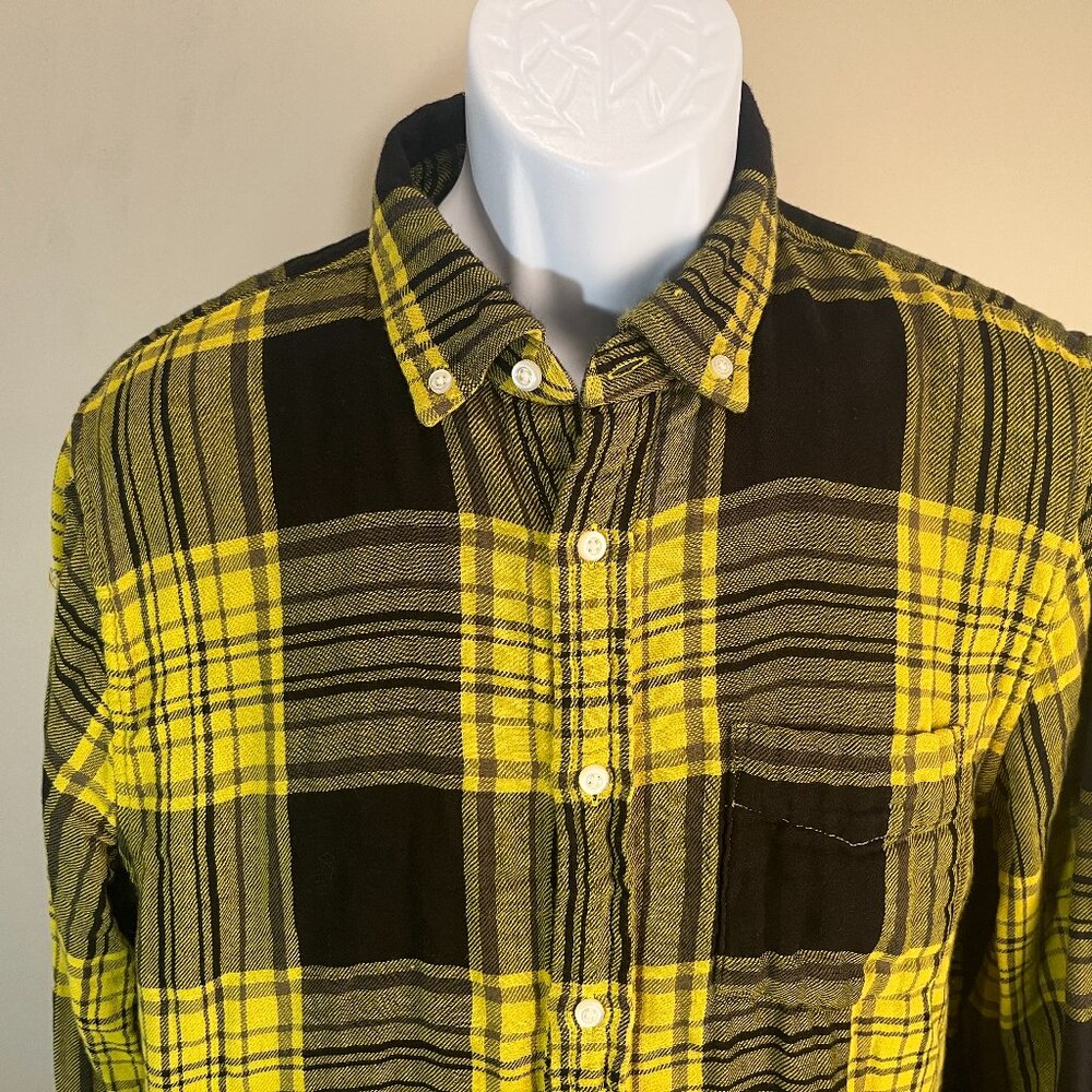 🍂 Banana Republic Yellow Black Plaid Untucked Slim Flannel Shirt M 👕